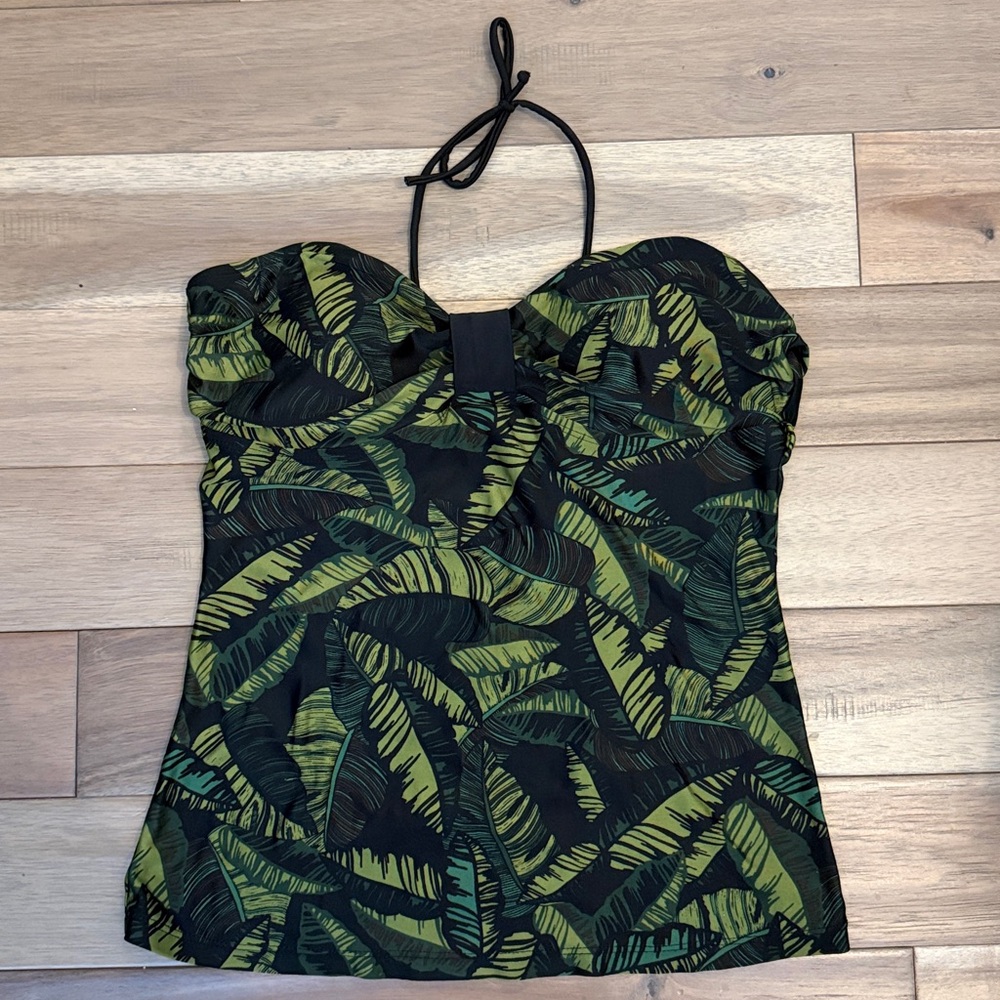 Jaclyn Smith Black halter top swimsuit bikini top with Green Leaf Print
